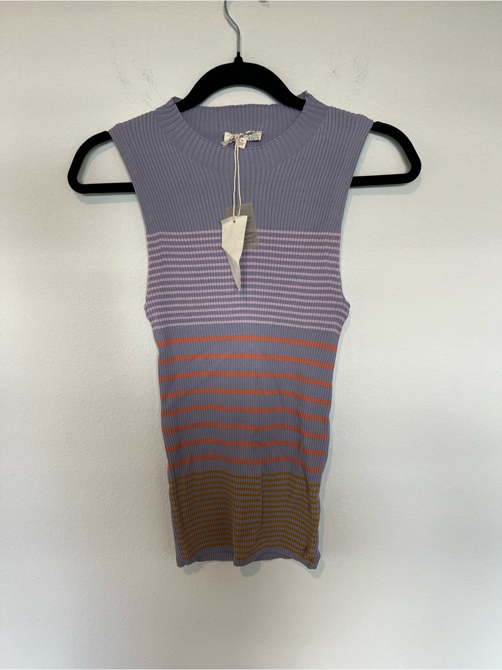 Mystree Lavender Ribbed Sleeveless Tank with Coral & Mustard Stripes